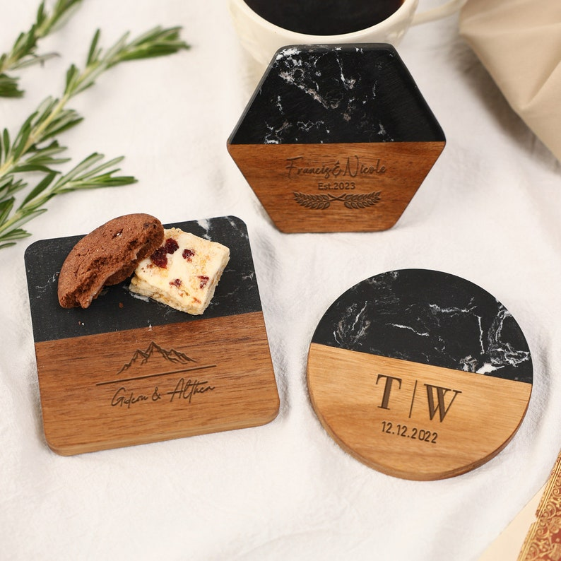 Personalized Family Names Coaster, Custom Marble Wooden Coaster, Wedding Favors Bulk Engraved Coasters, Engagement/Wedding/Housewarming Gift