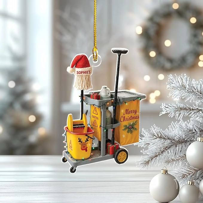 Personalized 2D Janitor Ornament, Custom Cleaning Cart Christmas Decoration, Funny Custodian, Unique Housekeeper Xmas Ornament