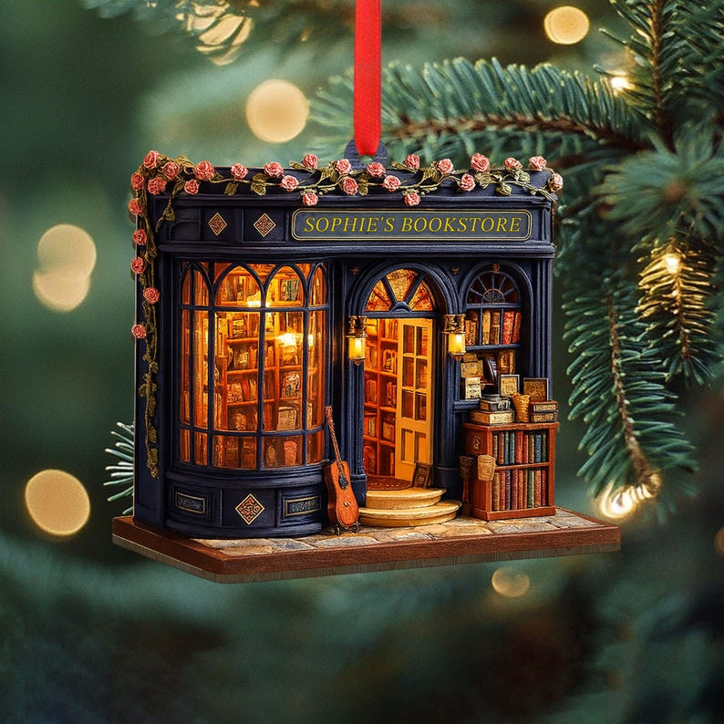Personalized Bookstore Christmas Ornament 2025, Custom Book Store 2d Flat Wooden Ornament, Gift for Book Lovers,Bookshelf Christmas Ornament