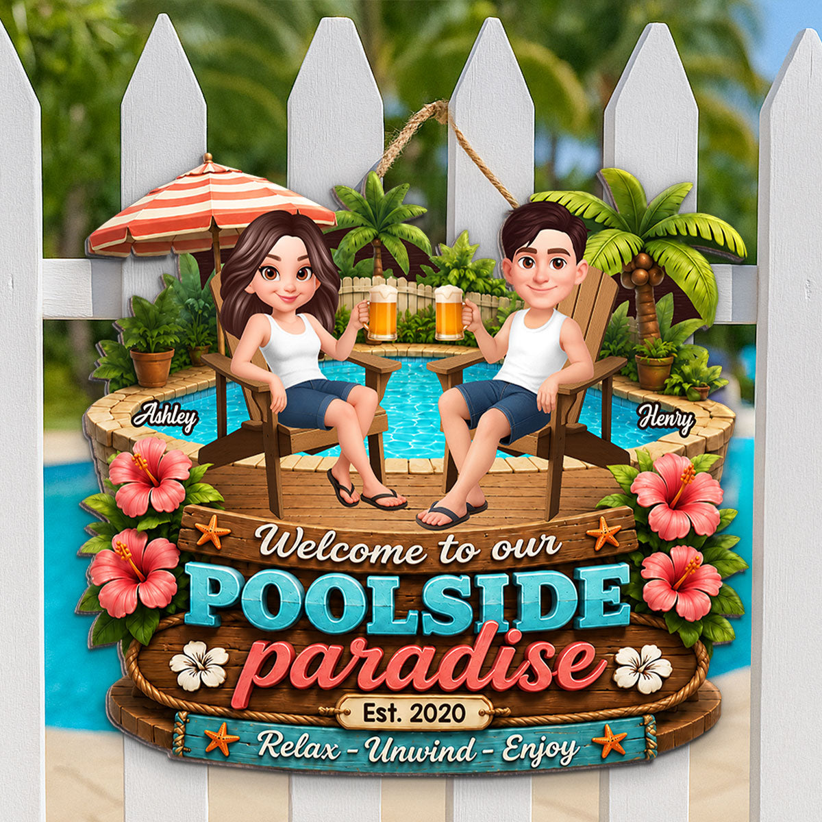 Summer Vibe Welcome To Our Poolside Paradise - Personalized Wood Sign - Gift For Couple, Summer Porch, Patio, Bar Decoration