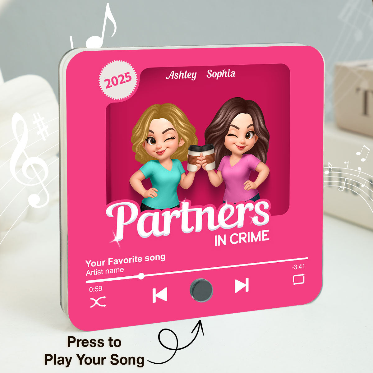 Besties Partner In Crime Pink 3D Effect Action Figure - Personalized Music Fridge Magnet