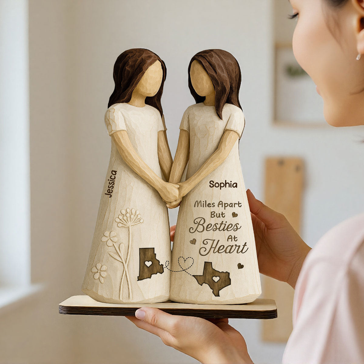 Miles Apart Besties At Heart 3D Effect Personalized Standing Wooden Plaque, Birthday Gift, Long Distance Friendship Gift for Best Friends
