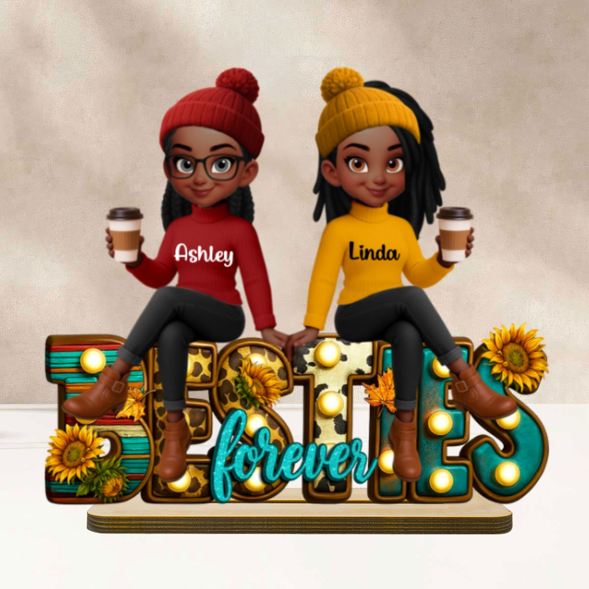 Western Fall Vibe Besties Sitting Personalized Standing Wooden Plaque, Fall Gift for Best Friends