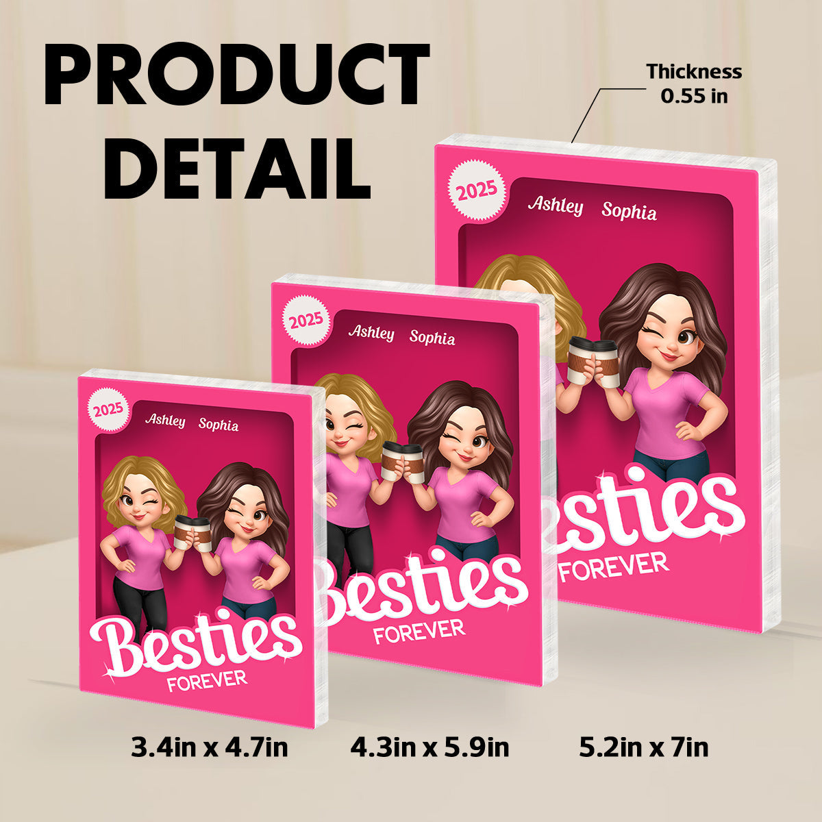 Besties Forever Pink Action Figure 3D Effect - Personalized Acrylic Block Plaque - Meaningful Gift For Best Friend