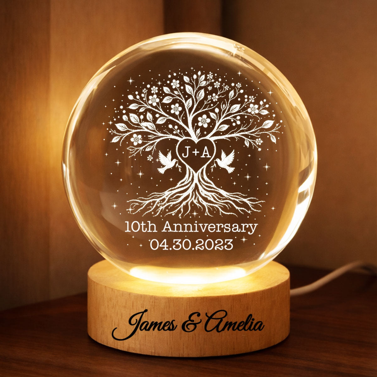Wedding Anniversary Tree of Life - Personalized Crystal Ball LED Night Light - Heartfelt Gift for Her, Gift for Him