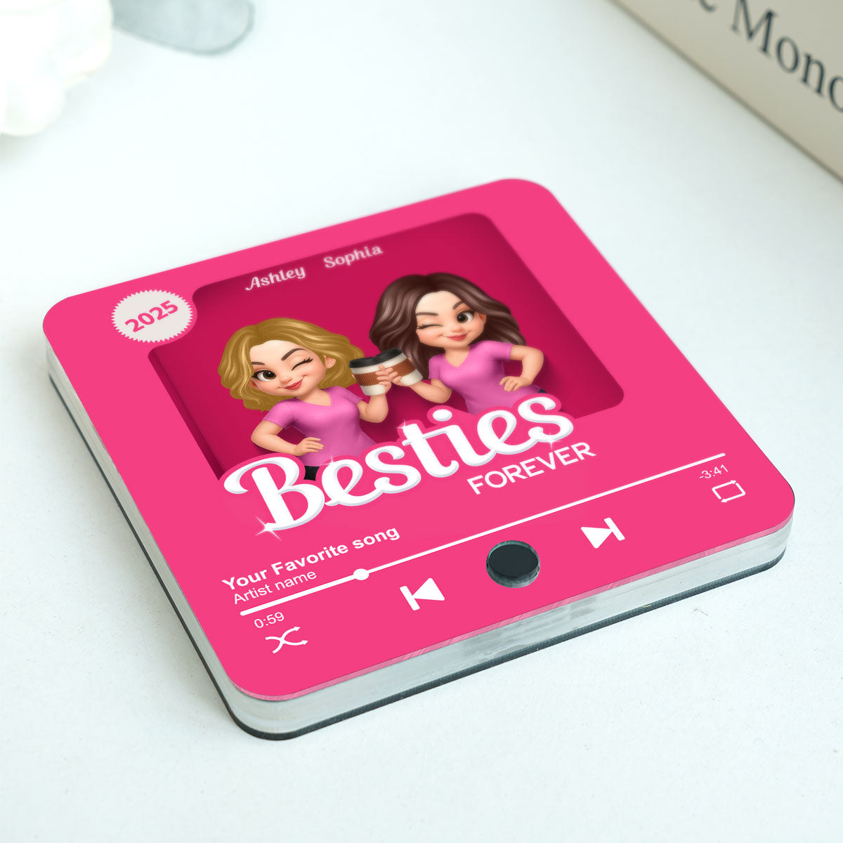 Besties Partner In Crime Pink 3D Effect Action Figure - Personalized Music Fridge Magnet