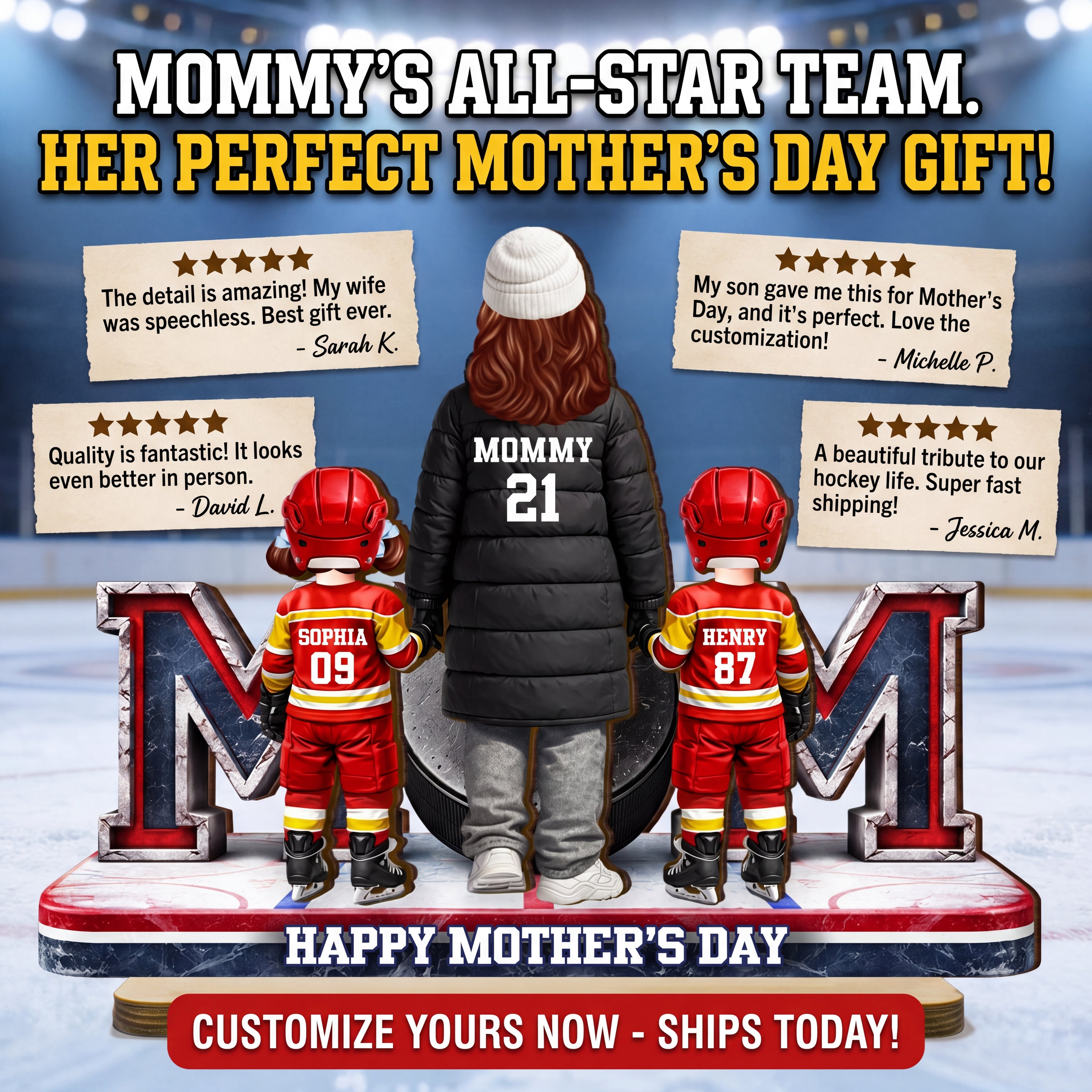 Hockey Mom And Kids Together - Personalized 2-Layered Wooden Plaque - Mother's Day Gift For Hockey Mom, Gift For Wife
