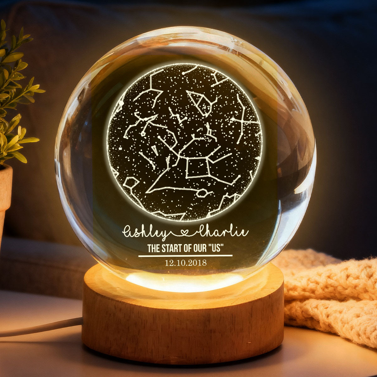 Custom Constellation Couple Star Map by Date - Personalized Crystal Ball Night Light - Heartfelt Anniversary Gift, Valentine's Day Gift for Her, for Him