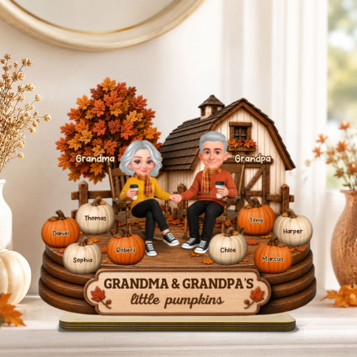 Fall Season Cozy Warm Farmhouse Style Grandma Grandpa Little Pumpkins - Personalized 2-Layered Wooden Plaque - Fall Decor For Grandparents