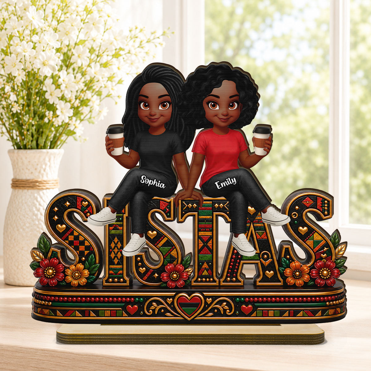 Tribal Patterned Besties Sisters Sistas Forever - Personalized 2-Layered Wooden Plaque - Birthday Gift, International Day of Friendship Gift For Best Friends