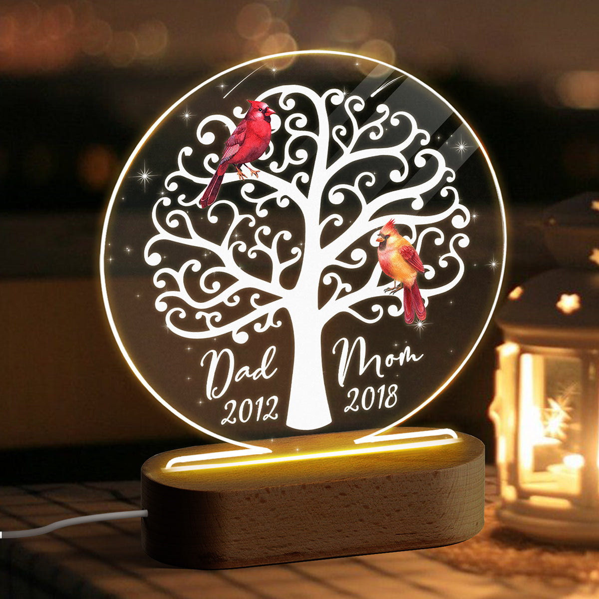 Dad Mom Cardinals Memorial Personalized Circle Plaque LED Night Light