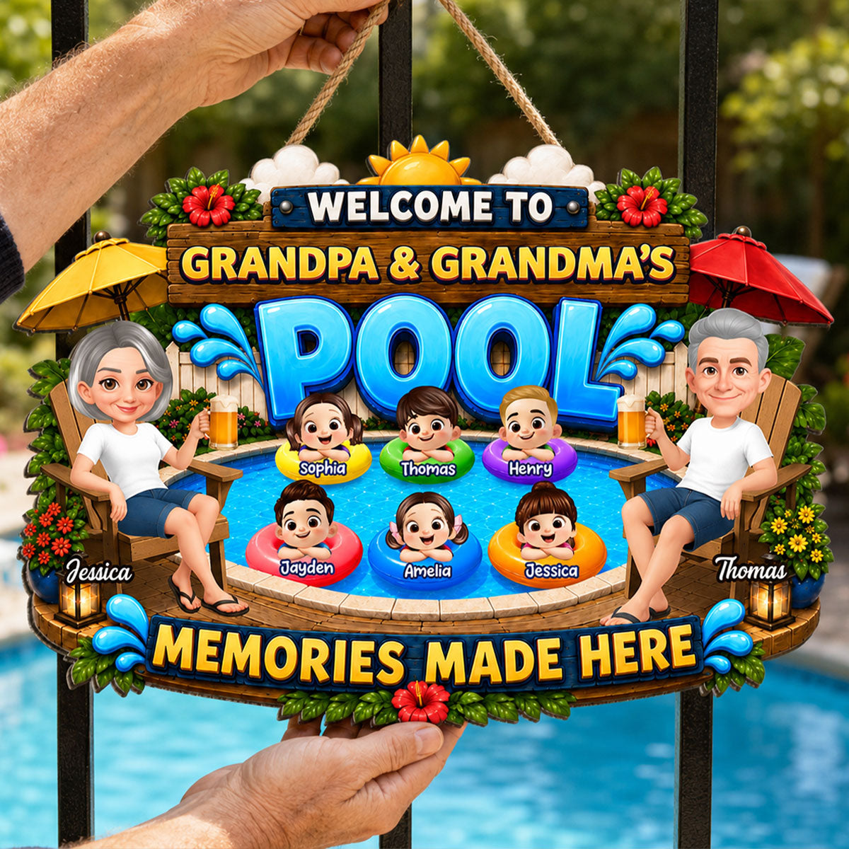 Welcome To Grandma Grandpa Pool Summer - Personalized Wood Sign - Gift For Grandparents, Summer Decoration