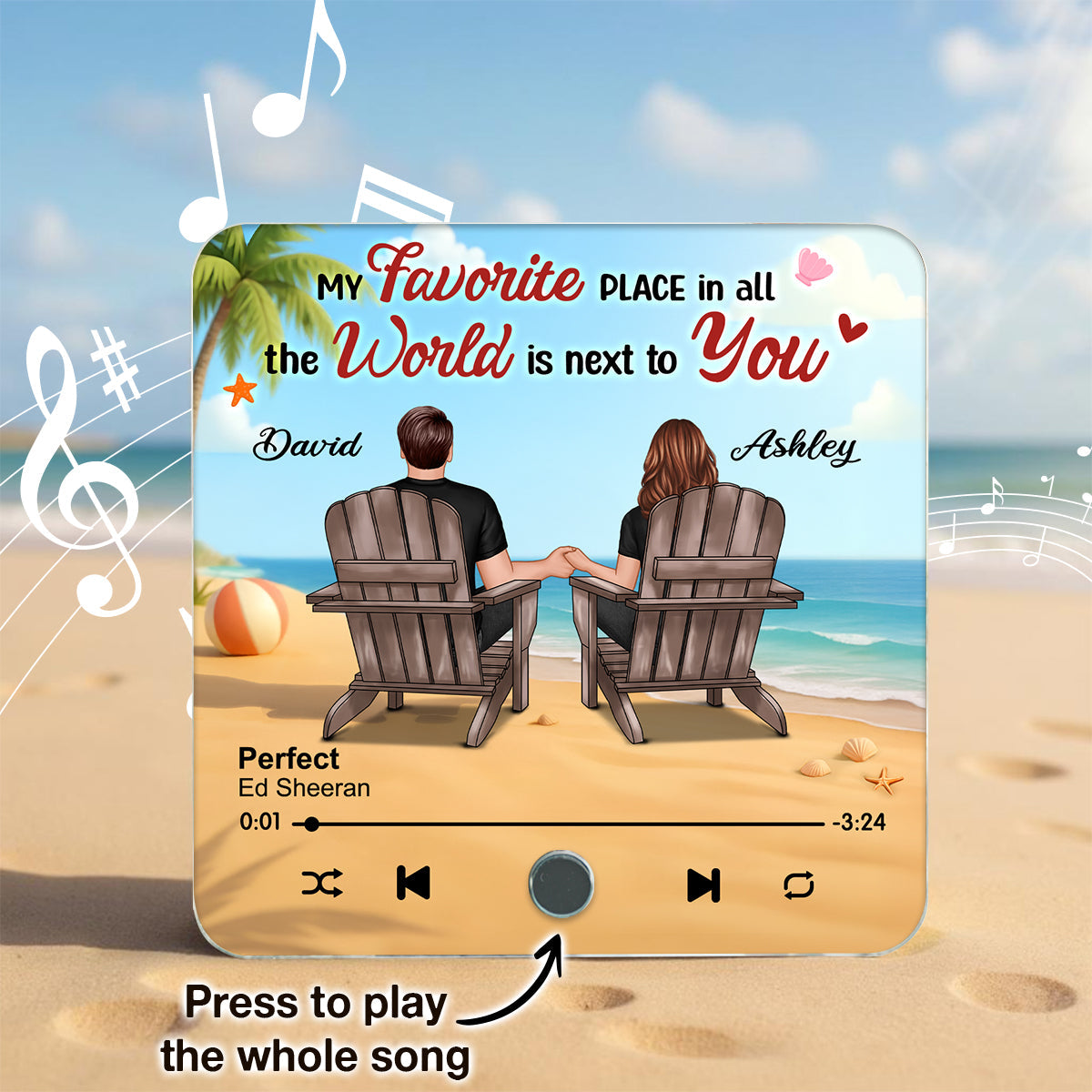 My Favorite Place in All the World is Next to You, Summer Couple Sitting Back View Personalized Music Fridge Magnet