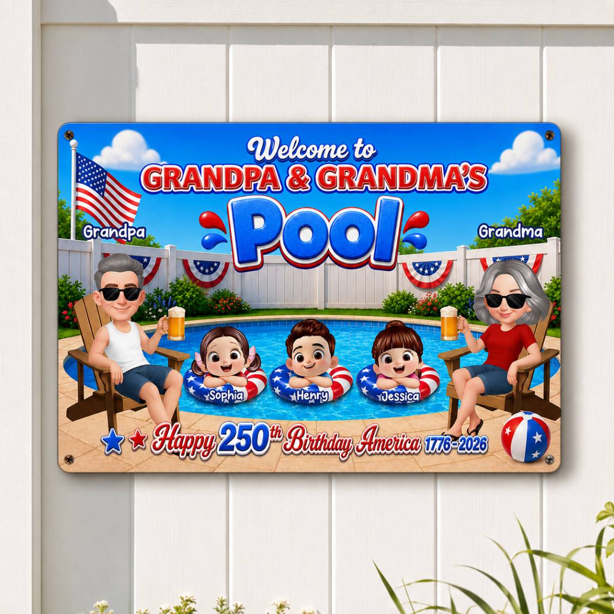 Welcome To Grandma Grandpa Pool America 250th Anniversary - Personalized Metal Sign - Gift For Grandparents, Summer Decoration