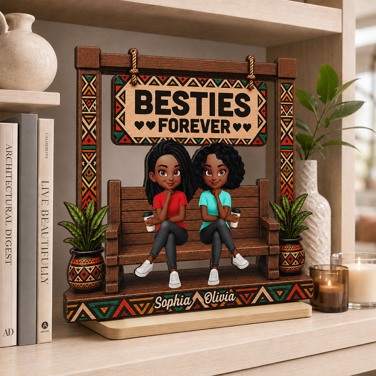 Tribal Patterns Besties Forever - Personalized 2-Layered Wooden Plaque - Birthday Gift, Gift For Best Friends