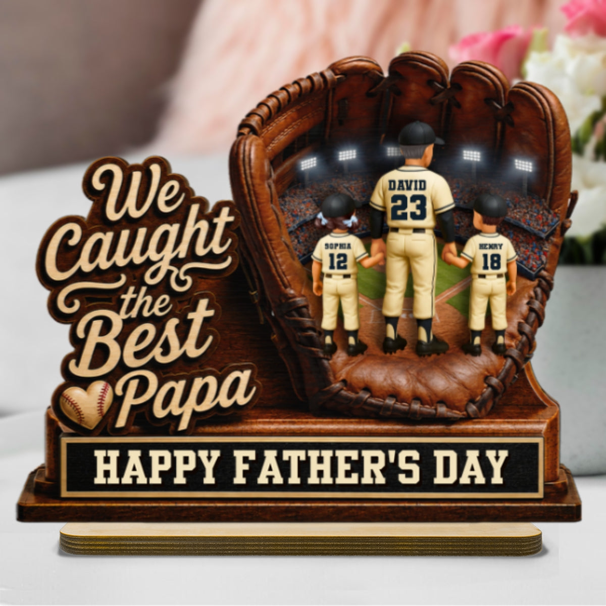 We Caught The Best Grandpa Man & Kids In Glove - Personalized 2-Layered Wooden Plaque - Happy  For Baseball Grandpa