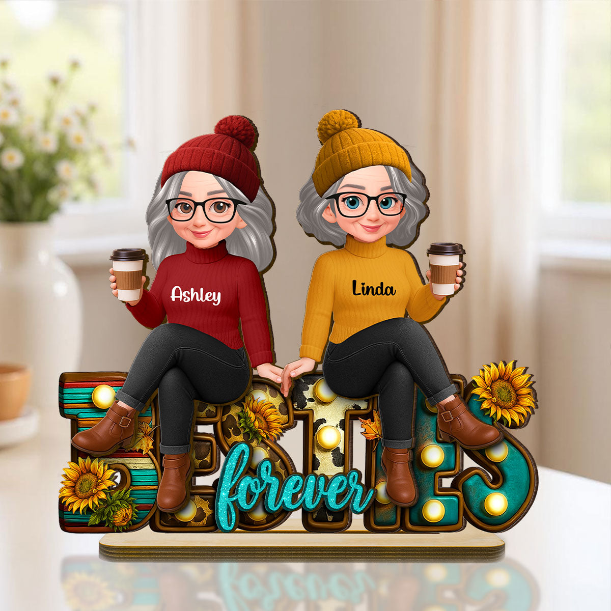 Western Fall Vibe Besties Sitting - Personalized 2-Layered Wooden Plaque - Meaningful Gift For Best Friend