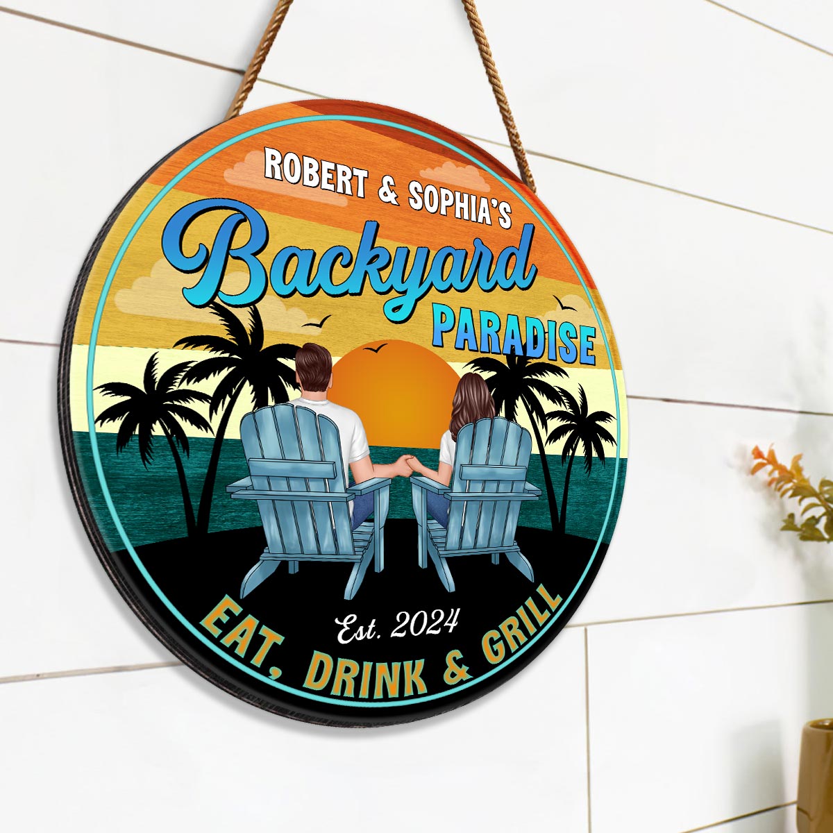 Vintage Backyard Paradise Couple Sitting Personalized Wood Sign, Housewarming, Birthday, Anniversary Gift for Him, Her