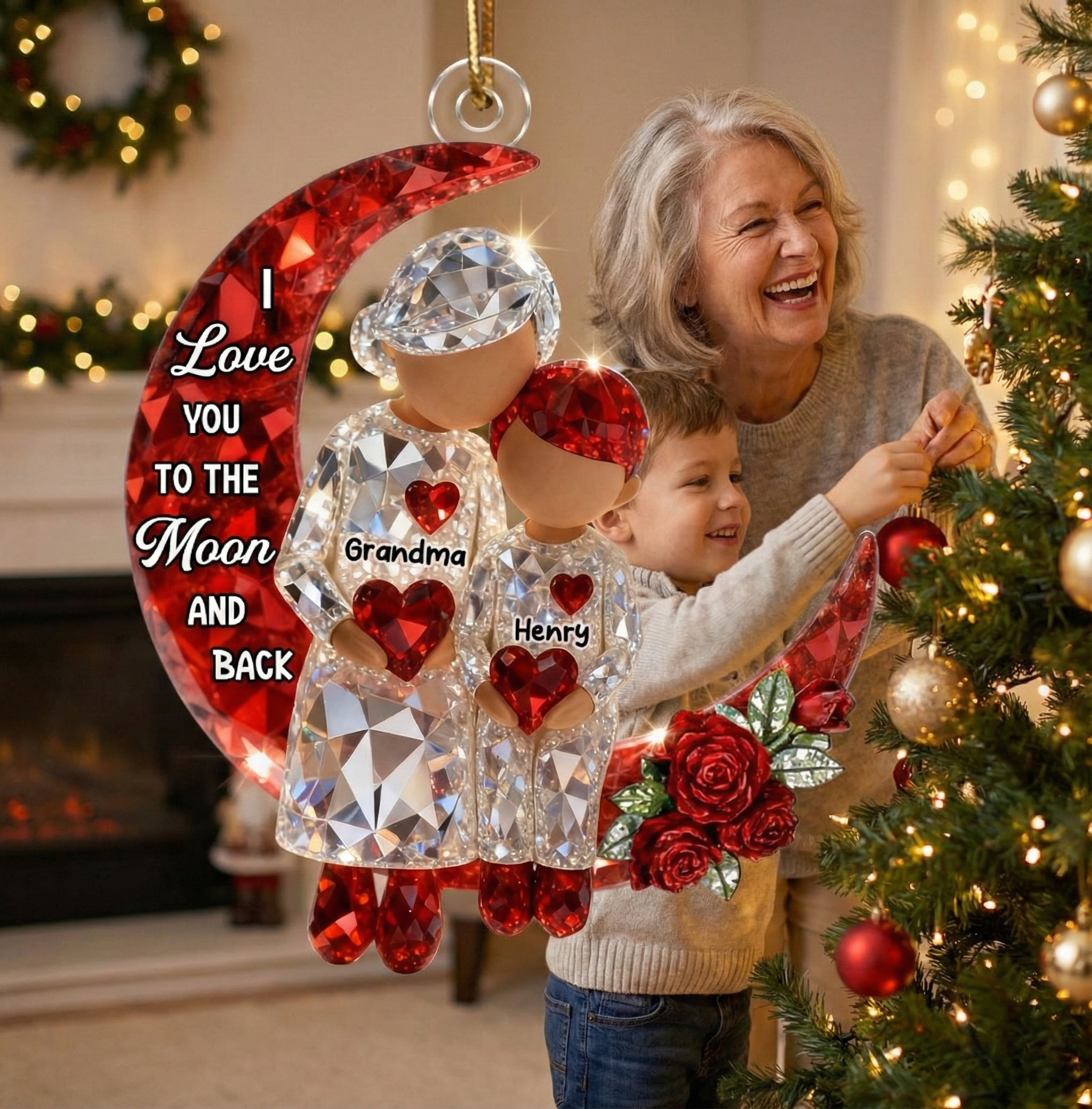3D Crystal Effect Grandma Grandpa Grandkid Sitting on Moon  - Personalized Acrylic Ornament - Christmas Gift for Grandma, Grandkids