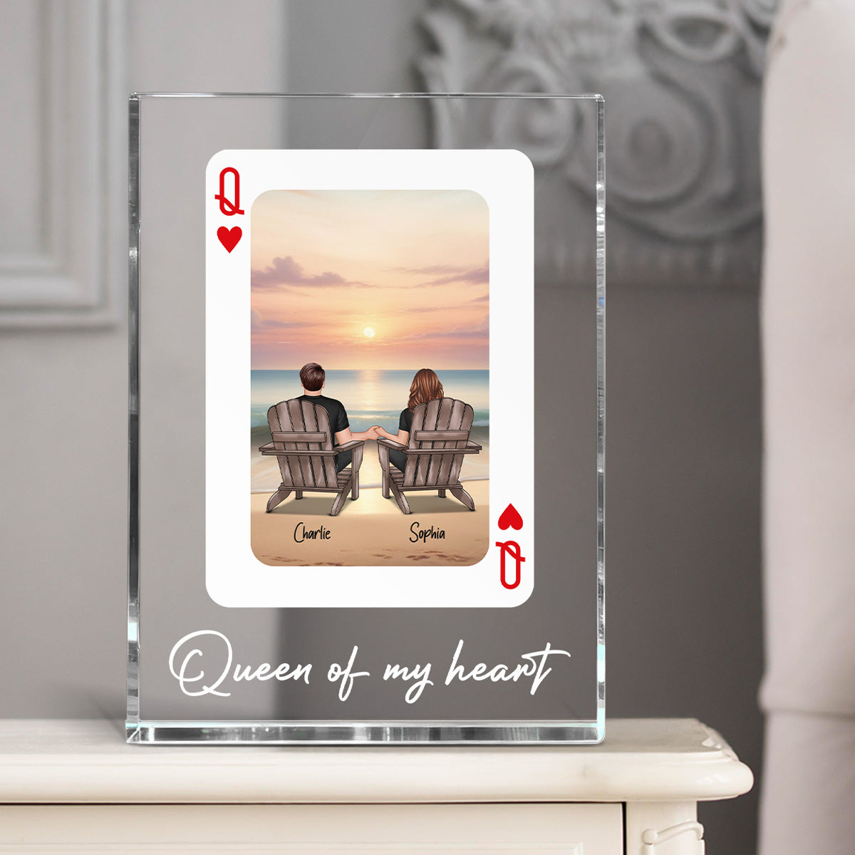 You're King/Queen Of My Heart Couple Sitting At Beach - Personalized Acrylic Block Plaque - Valentine's Day Gift, Anniversary Gift For Him, For Her
