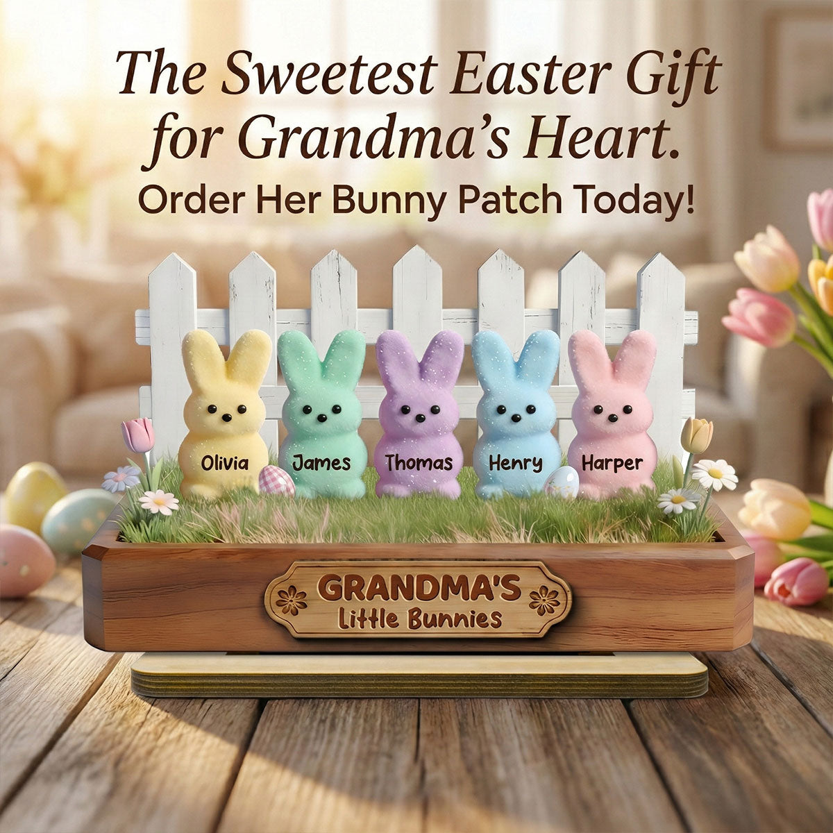 Happy Easter Grandma Little Bunnies - Personalized 2-Layered Wooden Plaque - Easter Gift For Grandma, Easter Decoration