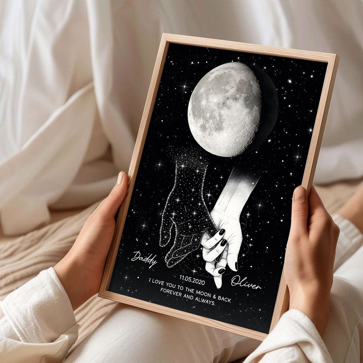 Lost Loved One Holding Hands Moon Phase Galaxy Art Memorial Sympathy Gift Personalized Poster
