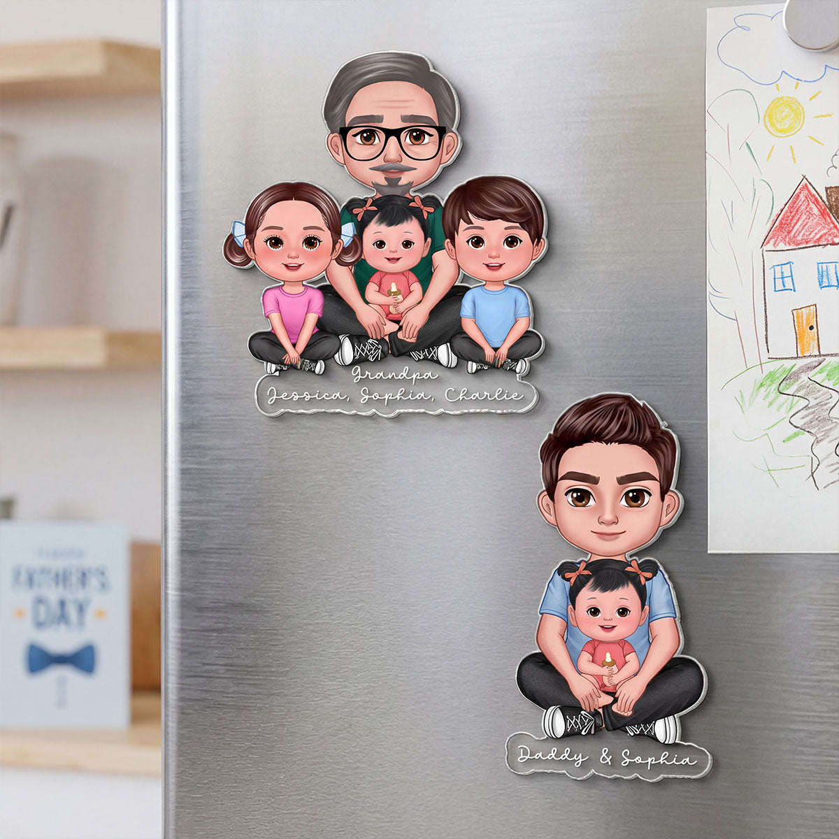 Forever Love Dad Grandpa Sitting With Kids - Personalized Acrylic Fridge Magnet - Father's Day Gift For Dad, Husband, Grandpa
