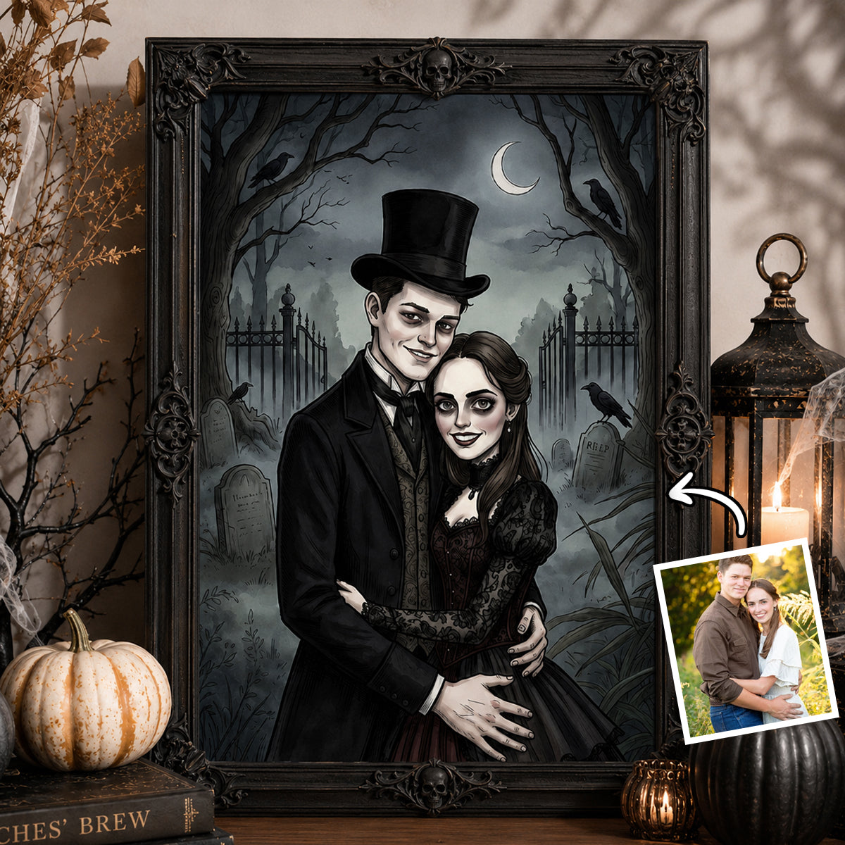 Custom Gothic Couple Portrait from Photo - Personalized Poster - Halloween Decor, Anniversary Gift for Her, for Him