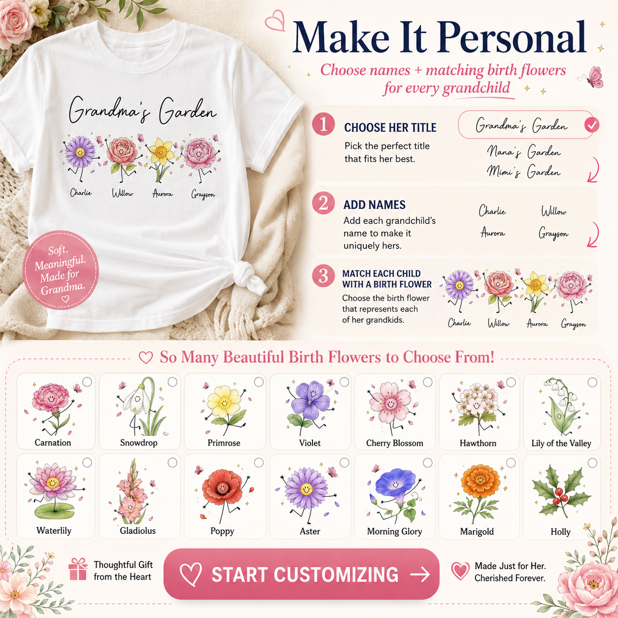 Grandma's Garden Cute Doodle Birth Month Flower - Personalized Shirt - Heartfelt Gift For Grandma, Mom, Auntie