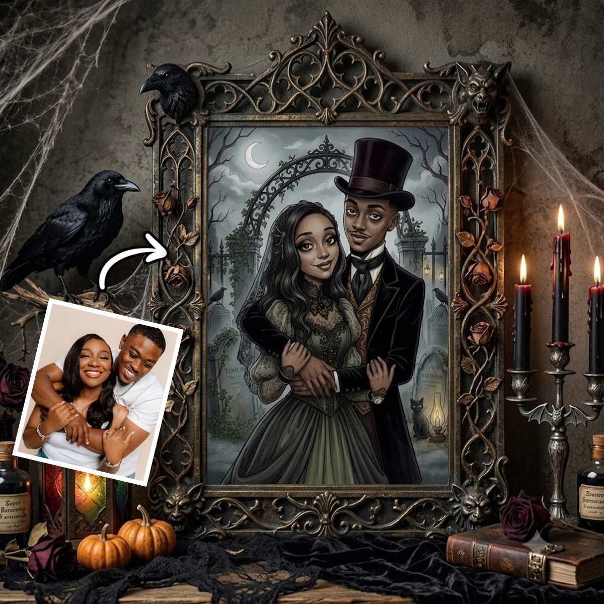 Custom Gothic Couple Portrait from Photo - Personalized Poster - Halloween Decor, Anniversary Gift for Her, for Him