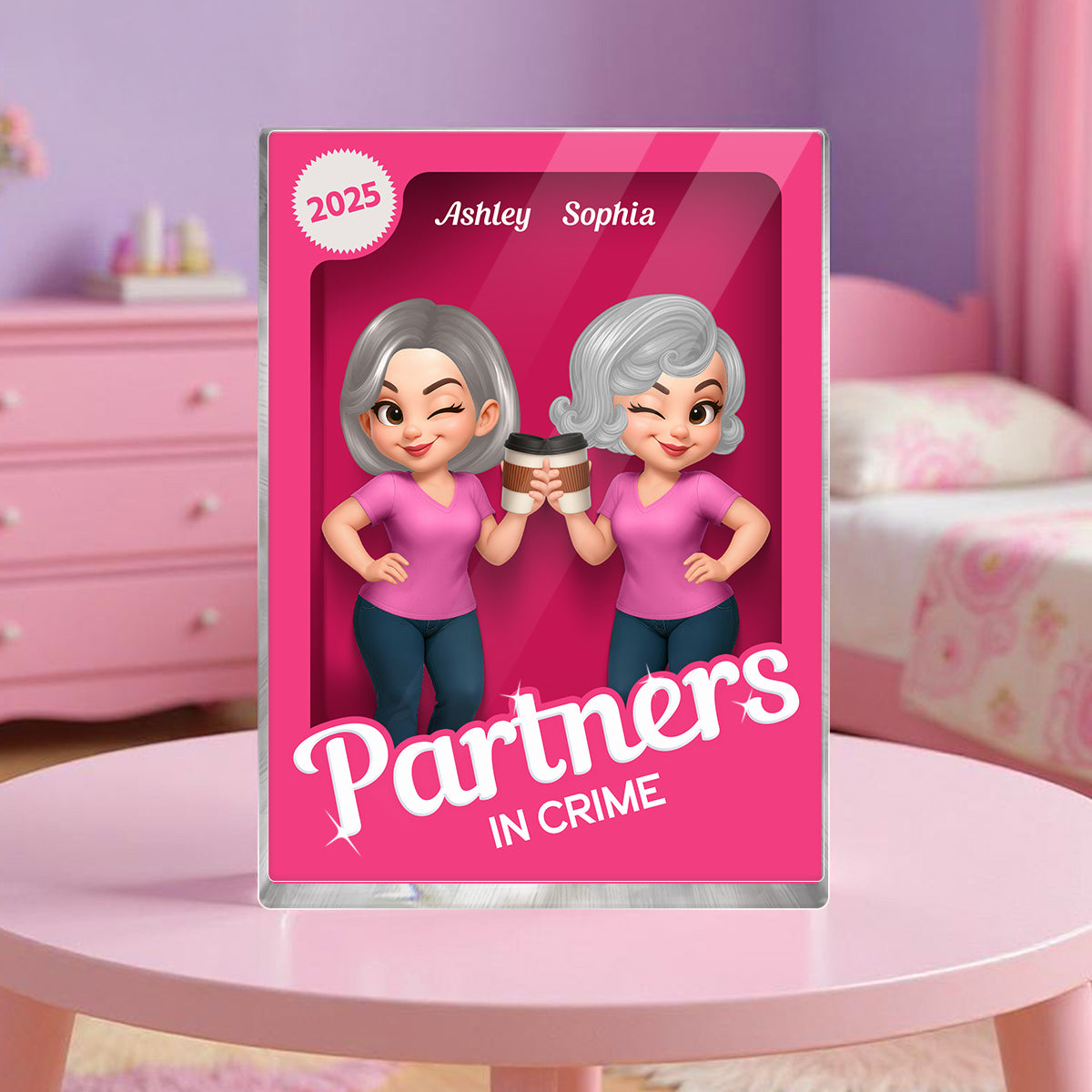 Besties Forever Pink Action Figure 3D Effect - Personalized Acrylic Block Plaque - Meaningful Gift For Best Friend