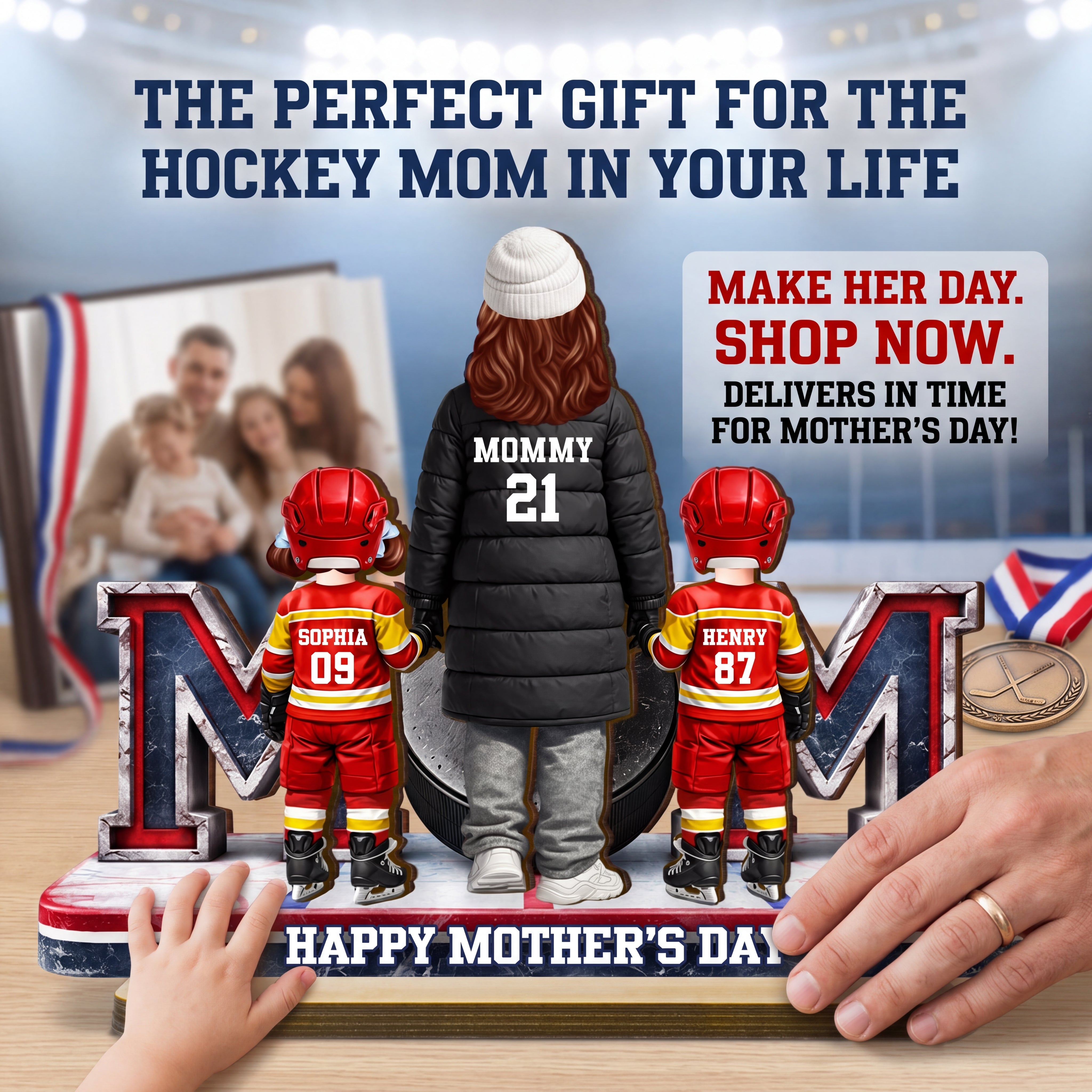 Hockey Mom And Kids Together - Personalized 2-Layered Wooden Plaque - Mother's Day Gift For Hockey Mom, Gift For Wife