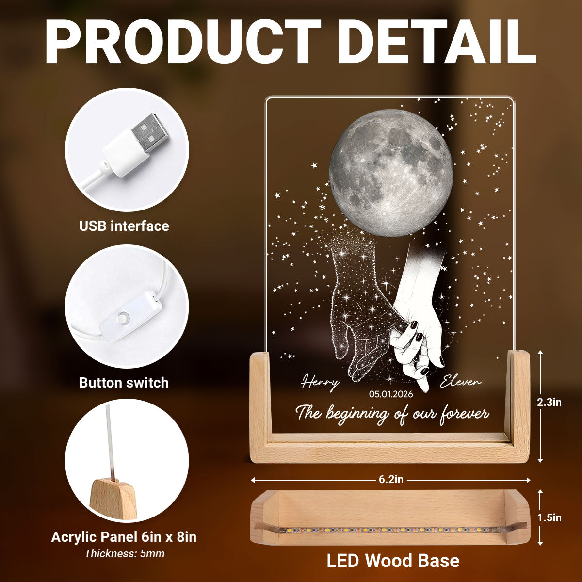 Couple Moon Phase The Beginning Of Our Forever - Personalized Acrylic LED Night Light - Wedding Anniversary Gift For Couple