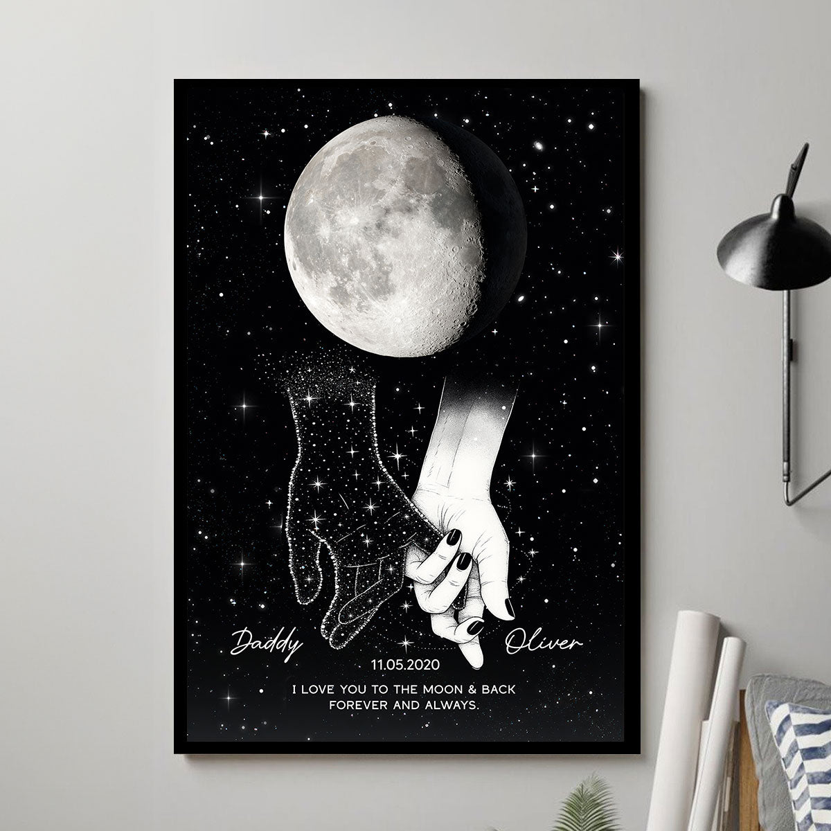 Lost Loved One Holding Hands Moon Phase Galaxy Art Memorial Sympathy Gift Personalized Poster