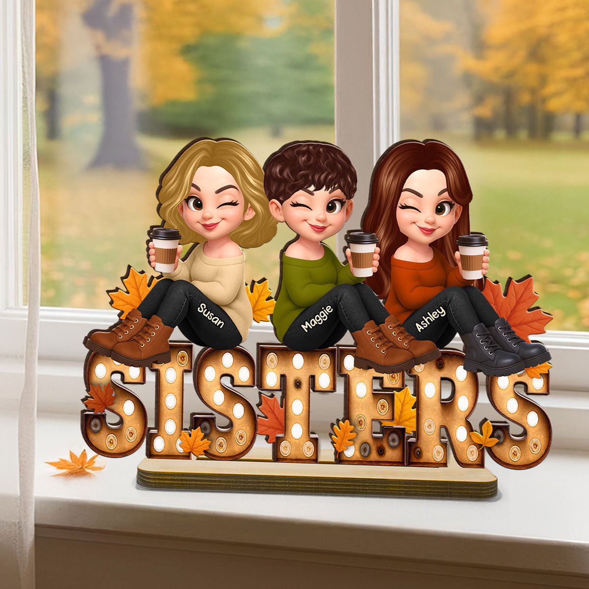 Fall Besties Sitting On Text Marquee Effect - Personalized 2-Layered Wooden Plaque - Meaningful Gift For Best Friend