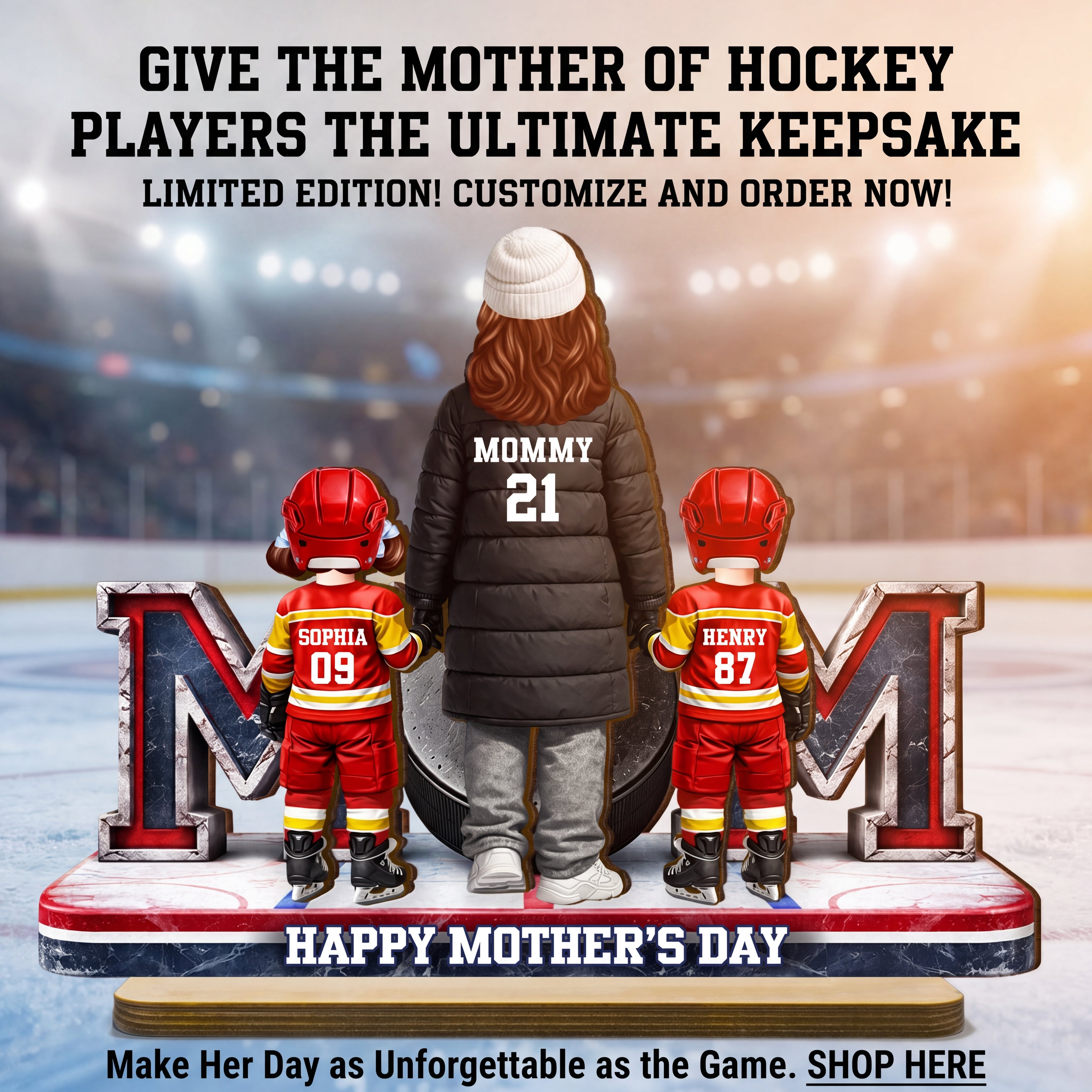 Hockey Mom And Kids Together - Personalized 2-Layered Wooden Plaque - Mother's Day Gift For Hockey Mom, Gift For Wife