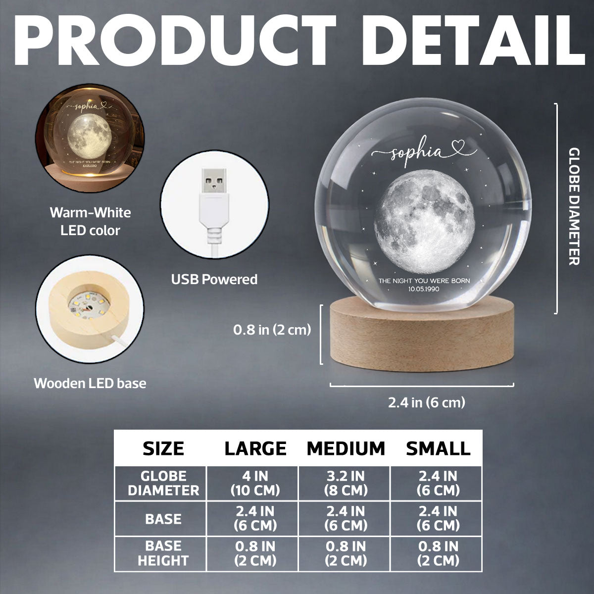 The Day You Were Born Custom Moon Phase by Date - Personalized Crystal Ball LED Night Light - Heartfelt Birthday, Just Because Gift for Loved Ones