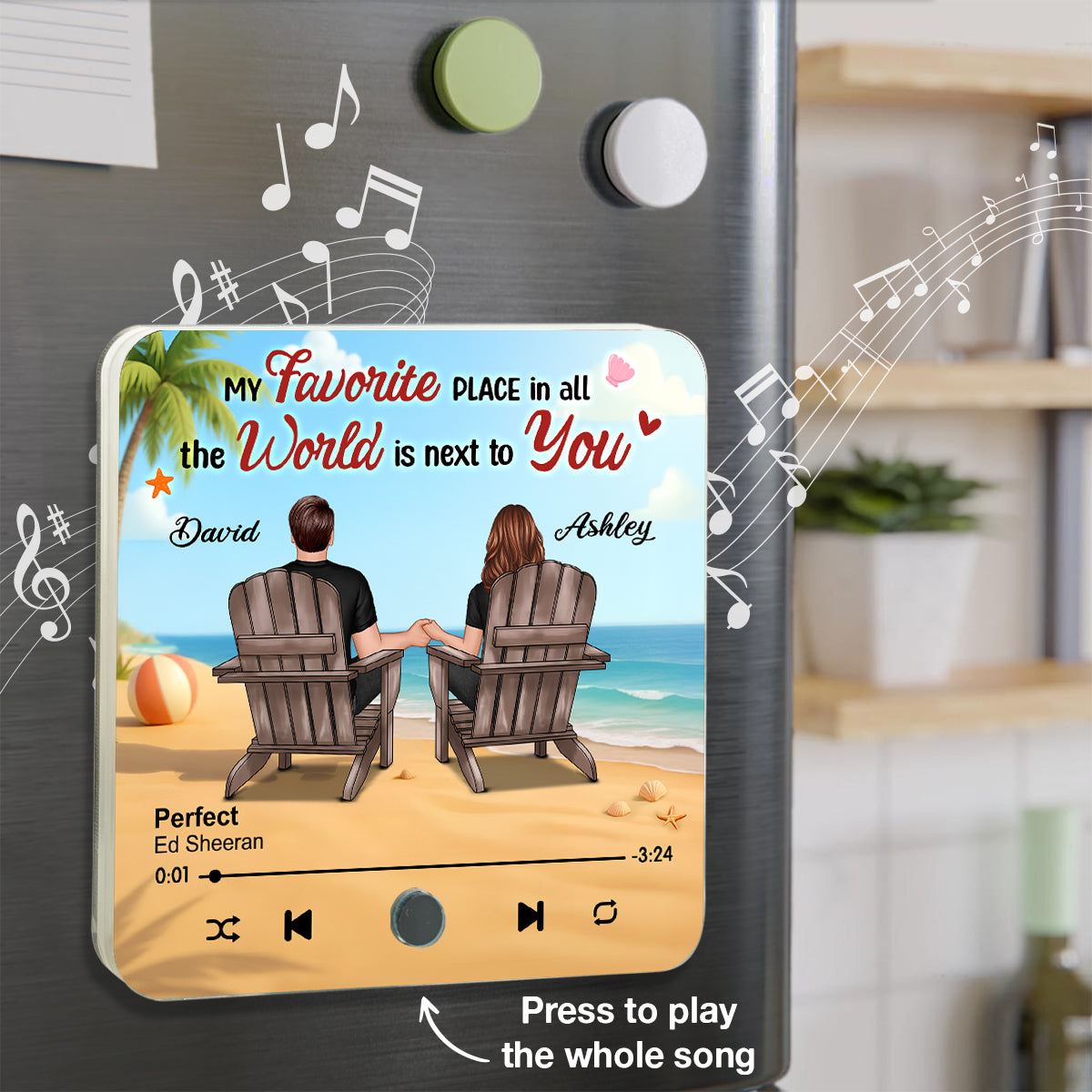 My Favorite Place in All the World is Next to You, Summer Couple Sitting Back View Personalized Music Fridge Magnet