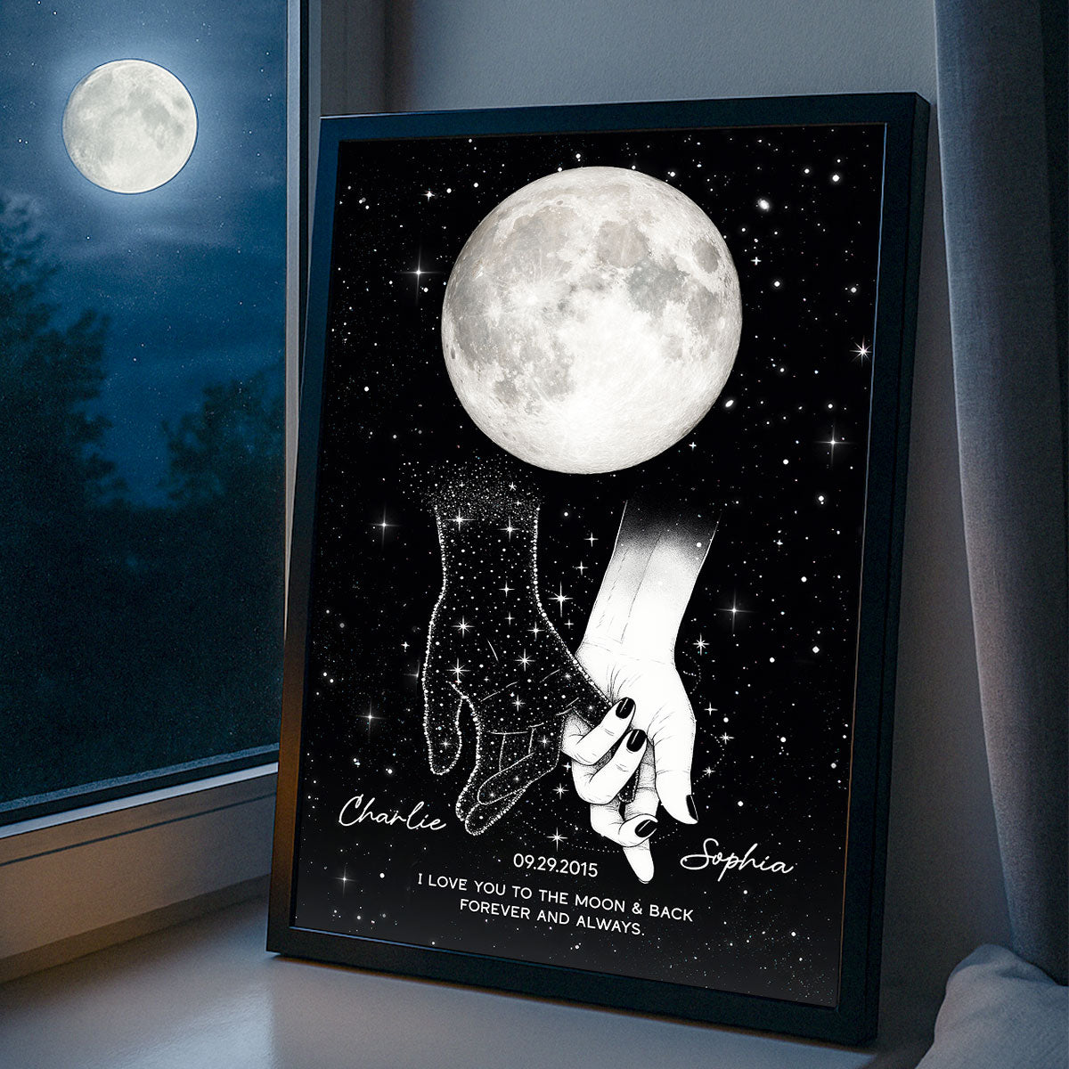 Lost Loved One Holding Hands Moon Phase Galaxy Art Memorial Sympathy Gift Personalized Poster