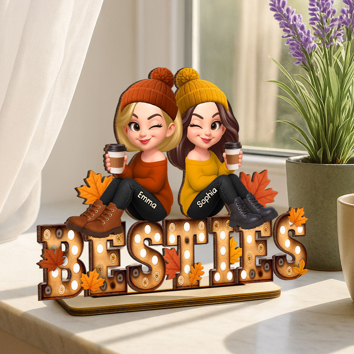 Fall Besties Sitting On Text Marquee Effect - Personalized 2-Layered Wooden Plaque - Meaningful Gift For Best Friend