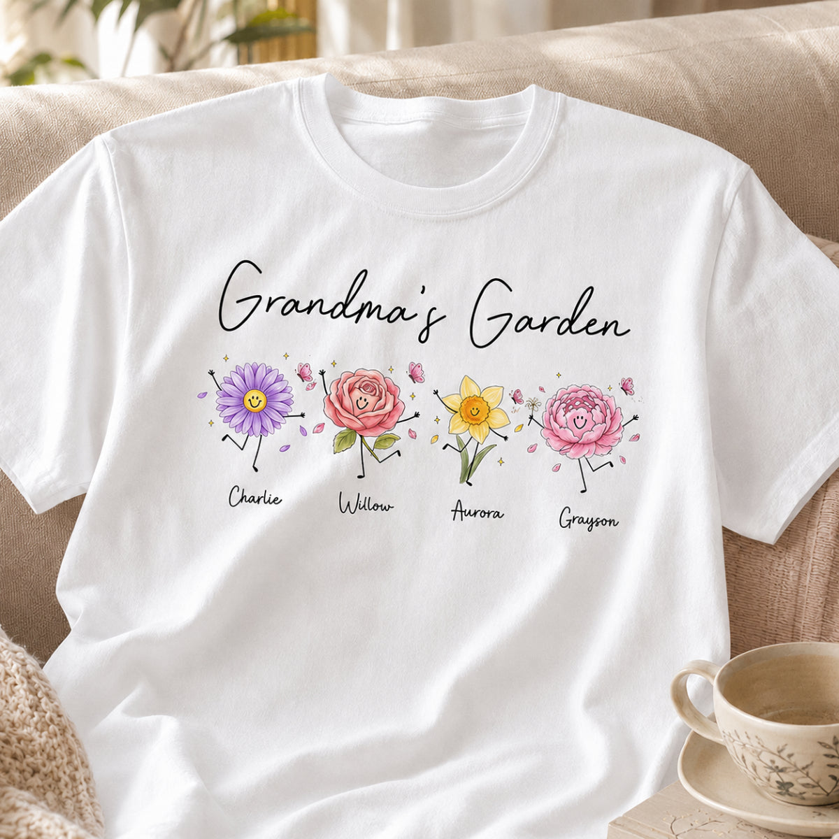 Grandma's Garden Cute Doodle Birth Month Flower - Personalized Shirt - Heartfelt Gift For Grandma, Mom, Auntie