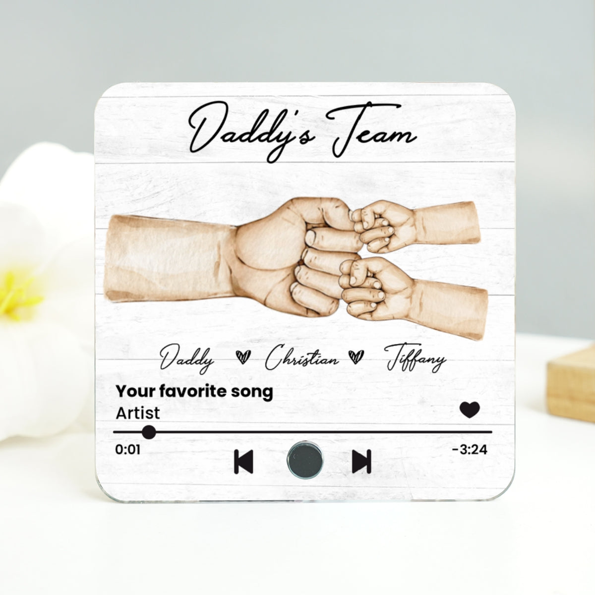 Daddy's Team Fist Bump Personalized Personalized Music Fridge Magnet, Heartfelt Gift For Dad