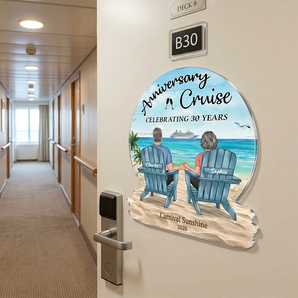 Celebrating Anniversary Couple Back View At The Beach - Personalized Cruise Cabin Door Magnet - Anniversary Cruise Keepsake