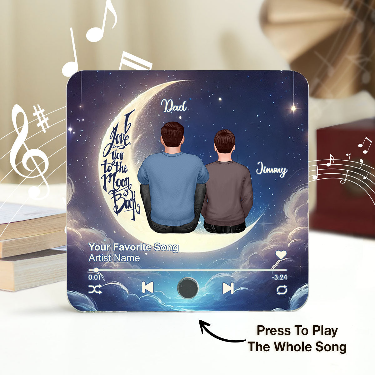 Papa Grandpa & Kids Sitting On Moon Personalized Music Fridge Magnet, Perfect 2025 Father's Day Gift For Husband, For Dad, For Grandpa