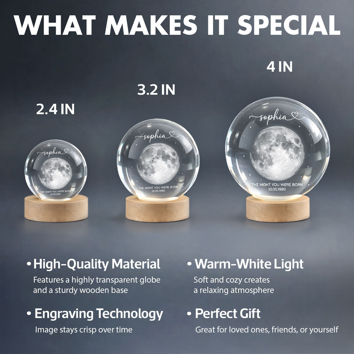 The Day You Were Born Custom Moon Phase by Date - Personalized Crystal Ball LED Night Light - Heartfelt Birthday, Just Because Gift for Loved Ones