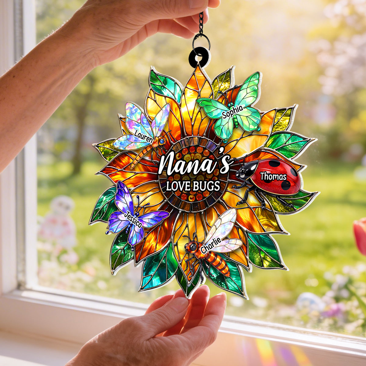 Grandma's Love Bugs Sunflower - Personalized Suncatcher - Mother's Day Gift for Mom, Grandma, Wife