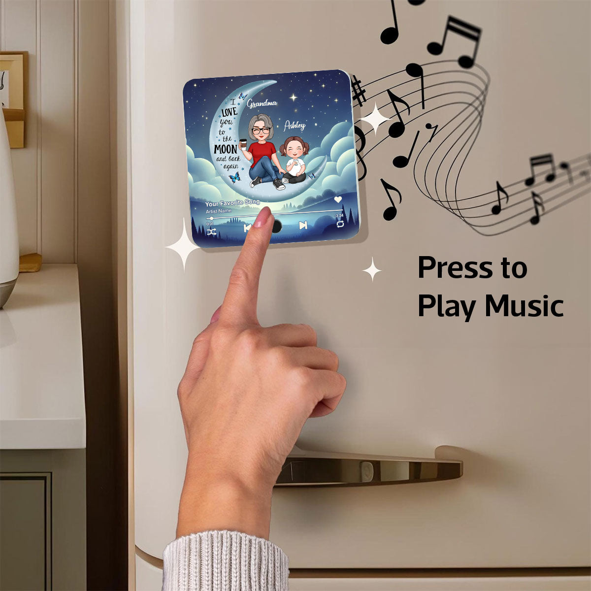 Cute Grandma Grandkids On Moon Personalized Music Fridge Magnet, Heartfelt 2025 Gift Birthday Gift For Mom For Grandma