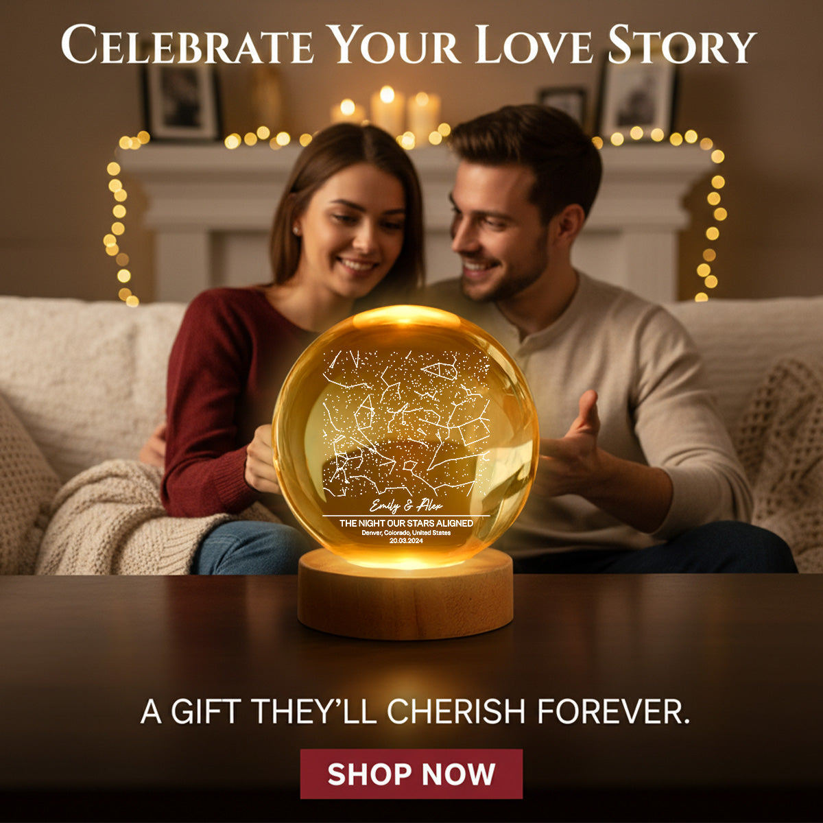 Eternal Love Custom Couple Anniversary Date Star Map - Personalized Crystal Ball LED Night Light - Valentine's Day Gift For Couple, For Her, For Him