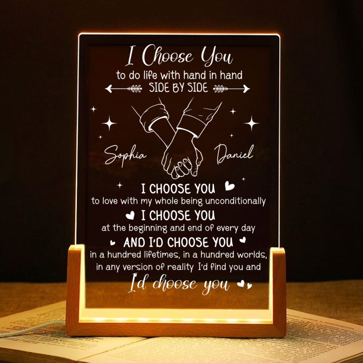 Romantic I Choose You Hand In Hand - Personalized Acrylic LED Night Light - Wedding Anniversary Gift For Couple