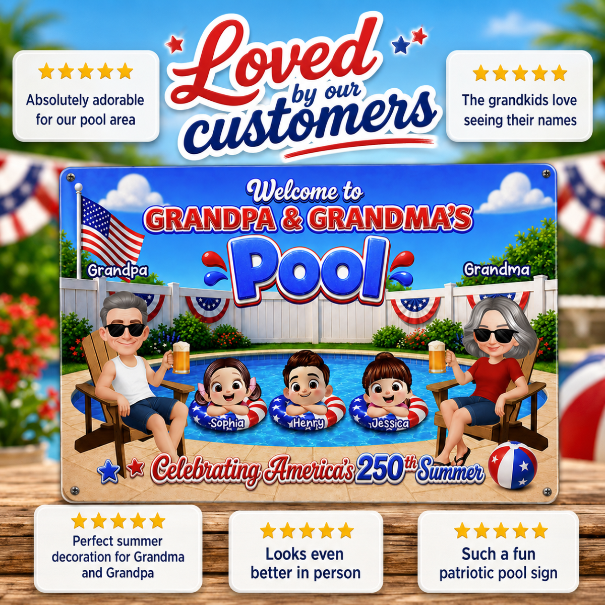Welcome To Grandma Grandpa Pool America 250th Anniversary - Personalized Metal Sign - Gift For Grandparents, Summer Decoration